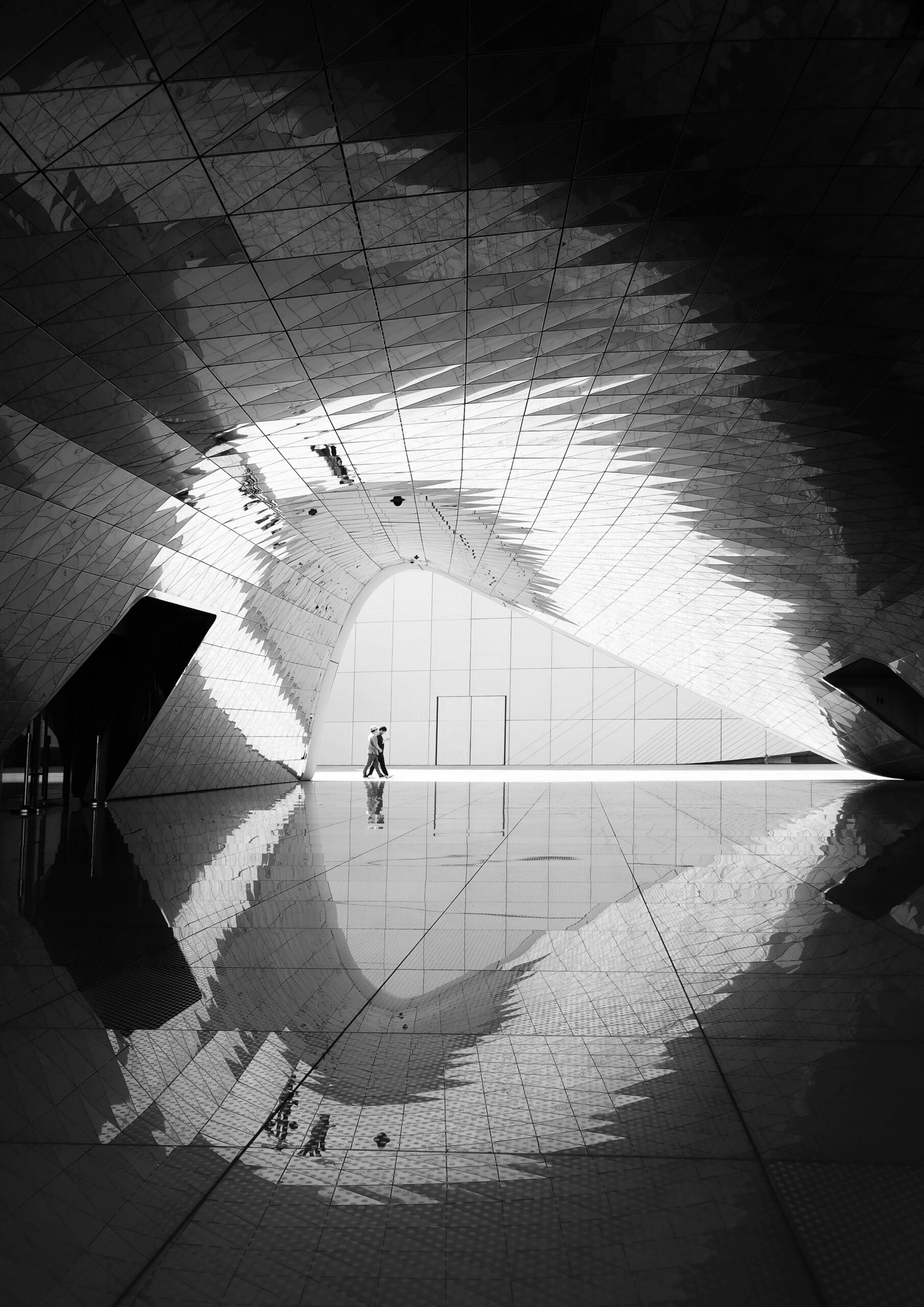 Modern architectural interior with geometric patterns and reflections, Incheon.